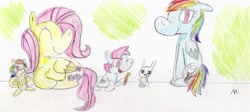 Size: 1346x604 | Tagged: safe, artist:ptitemouette, derpibooru import, angel bunny, fluttershy, rainbow dash, oc, oc:butterfly, oc:rainbow peace, pegasus, pony, family, female, flutterdash, lesbian, magical lesbian spawn, next generation, offspring, parent:fluttershy, parent:rainbow dash, parents:flutterdash, shipping