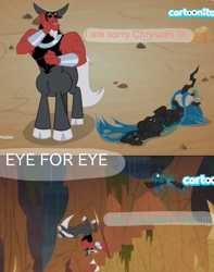 Size: 1260x1600 | Tagged: safe, edit, edited screencap, screencap, lord tirek, queen chrysalis, centaur, changeling, changeling queen, frenemies (episode), blindfold, cartoonito logo, cloven hooves, dialogue, duo, female, italian, male, nose piercing, nose ring, piercing, text