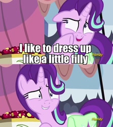 Size: 1256x1406 | Tagged: safe, edit, edited screencap, screencap, starlight glimmer, pony, unicorn, rock solid friendship, discovery family logo, exploitable meme, image macro, meme, shrunken pupils, solo, starlight's confessions, sweat