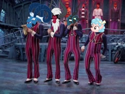 Size: 2730x2048 | Tagged: safe, cozy glow, grogar, lord tirek, queen chrysalis, changeling, changeling queen, barely pony related, lazytown, meme, musical instrument, quartet, robbie rotten, saxophone, we are number one