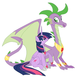 Size: 1683x1674 | Tagged: safe, artist:azul-j, derpibooru import, spike, twilight sparkle, twilight sparkle (alicorn), alicorn, dragon, pony, magical mystery cure, adult spike, older, older spike, wings, wip