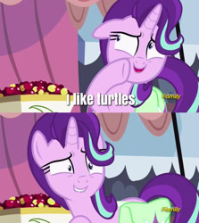 Size: 536x600 | Tagged: safe, edit, edited screencap, screencap, starlight glimmer, pony, rock solid friendship, exploitable meme, i like turtles, meme, starlight's confessions