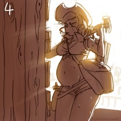 Size: 1000x1000 | Tagged: safe, artist:glasmond, applejack, backlighting, belly button, between breasts, clothes, daisy dukes, hammer, humanized, limited palette, open fly, pregnant, working