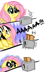 Size: 795x1280 | Tagged: safe, artist:tess, fluttershy, pegasus, pony, adorable distress, comic, cute, female, mare, open mouth, scared, shaking, shyabetes, smiling, solo, toast, toaster