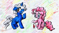 Size: 1024x580 | Tagged: safe, artist:rastaquouere69, pinkie pie, pokey pierce, earth pony, pony, balloon, balloon popping, crying, embarrassed, sad, traditional art