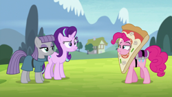 Size: 1920x1090 | Tagged: safe, screencap, maud pie, pinkie pie, starlight glimmer, pony, rock solid friendship, pizza head, pizza pie, raised eyebrow