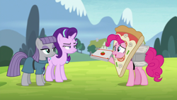 Size: 1920x1090 | Tagged: safe, screencap, maud pie, pinkie pie, starlight glimmer, pony, rock solid friendship, pizza head, pizza pie