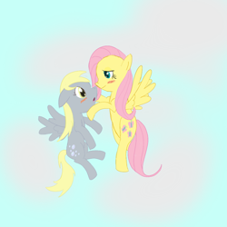 Size: 1000x1000 | Tagged: safe, artist:kodok37, derpy hooves, fluttershy, pegasus, pony, :o, blushing, derpyshy, eye contact, female, floppy ears, flying, lesbian, mare, shipping, smiling, spread wings