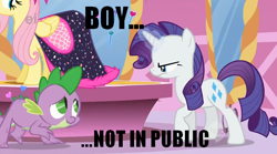 Size: 632x351 | Tagged: safe, fluttershy, rarity, spike, dragon, pegasus, pony, unicorn, female, horn, image macro, male, mare