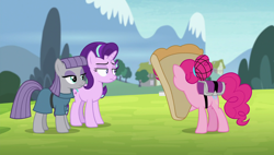 Size: 1920x1090 | Tagged: safe, screencap, maud pie, pinkie pie, starlight glimmer, pony, rock solid friendship, hairnet, pizza head, pizza pie