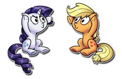 Size: 930x606 | Tagged: safe, artist:ufocookiez, applejack, rarity, earth pony, pony, unicorn, chibi, simple background, transparent background