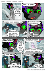 Size: 792x1224 | Tagged: safe, artist:donzatch, king sombra, pinkie pie, queen chrysalis, rainbow dash, twilight sparkle, twilight sparkle (alicorn), alicorn, changeling, changeling queen, earth pony, pegasus, pony, unicorn, comic:tale of twilight, comic, glowing eyes
