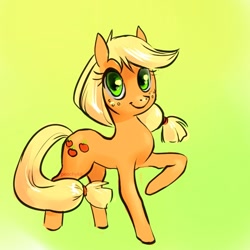 Size: 900x900 | Tagged: safe, artist:peachykit, applejack, earth pony, pony, alternate hairstyle, cute, female, green background, hatless, jackabetes, looking at you, mare, missing accessory, simple background, solo