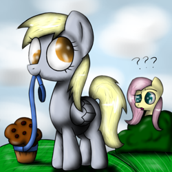 Size: 1000x1000 | Tagged: safe, artist:laffy372, derpy hooves, fluttershy, pegasus, pony, female, leash, mare, muffin, pet