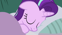 Size: 1920x1090 | Tagged: safe, screencap, starlight glimmer, pony, unicorn, rock solid friendship, bed, blanket, eyes closed, female, floppy ears, lying down, mare, pillow, sleeping, solo, starlight's room