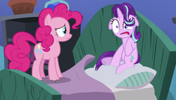 Size: 1920x1090 | Tagged: safe, screencap, pinkie pie, starlight glimmer, earth pony, pony, unicorn, rock solid friendship, bed, faic, female, floppy ears, mare, scared, sitting, starlight's room