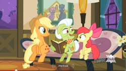 Size: 850x478 | Tagged: safe, screencap, apple bloom, applejack, granny smith, earth pony, pony, apple family reunion, youtube caption