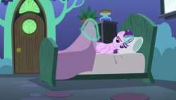 Size: 1920x1090 | Tagged: safe, screencap, starlight glimmer, pony, rock solid friendship, bed, magic, solo, starlight's room