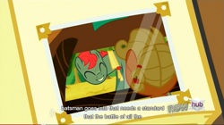 Size: 851x477 | Tagged: safe, screencap, apple split, applejack, half baked apple, earth pony, pony, apple family reunion, babyjack, youtube caption