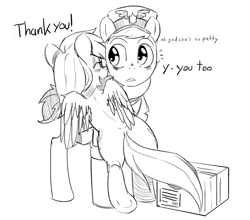 Size: 851x750 | Tagged: safe, artist:mewball, care package, derpy hooves, special delivery, pegasus, pony, blushing, female, hug, mare, monochrome