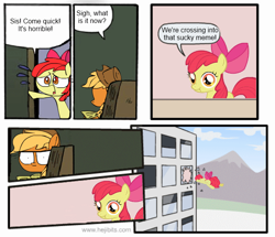 Size: 655x564 | Tagged: safe, apple bloom, applejack, earth pony, pony, applebuse, crossing the memes, employer meme, exploitable meme, meme, scrunchy face, staredad