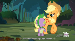 Size: 844x466 | Tagged: safe, screencap, applejack, spike, dragon, earth pony, pony, spike at your service, female, hub logo, male, mare, youtube caption