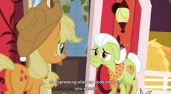 Size: 853x471 | Tagged: safe, screencap, applejack, granny smith, earth pony, pony, spike at your service, female, mare, youtube caption