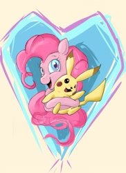 Size: 717x987 | Tagged: safe, artist:jazzteeth, pinkie pie, earth pony, pikachu, pony, crossover, hug, pokémon