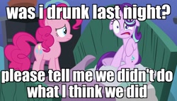 Size: 1920x1090 | Tagged: safe, edit, edited screencap, screencap, pinkie pie, starlight glimmer, earth pony, pony, unicorn, rock solid friendship, caption, female, floppy ears, image macro, mare, meme