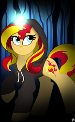 Size: 867x1400 | Tagged: safe, artist:pinkamenascratch, sunset shimmer, pony, unicorn, clothes, hoodie, raised leg, solo