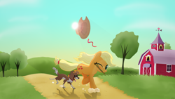 Size: 1920x1080 | Tagged: safe, artist:regolithx, applejack, winona, earth pony, pony, running, sweet apple acres