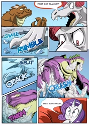 Size: 2480x3508 | Tagged: safe, artist:smilingdogz, rarity, spike, oc, oc:blizz, oc:grundle, dragon, pony, unicorn, awe, comic, fanfic art, fury of the purple dragon, giant spike, holy shit, nyx's family, older, older spike, spikezilla, surprised