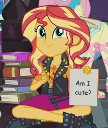 Size: 500x590 | Tagged: safe, derpibooru import, edit, edited screencap, screencap, fluttershy, rainbow dash, sunset shimmer, better together, equestria girls, the finals countdown, book, bronybait, clothes, cropped, cute, jacket, obvious, question, shimmerbetes, solo focus, sunset's note, yes