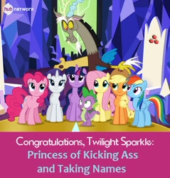 Size: 550x575 | Tagged: safe, derpibooru import, screencap, applejack, discord, fluttershy, pinkie pie, rainbow dash, rarity, spike, twilight sparkle, twilight sparkle (alicorn), alicorn, dragon, earth pony, pegasus, pony, unicorn, twilight's kingdom, female, hub logo, mare