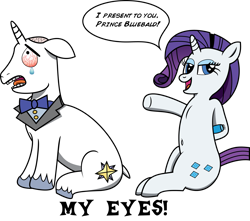 Size: 2839x2515 | Tagged: safe, artist:saburodaimando, prince blueblood, rarity, pony, unicorn, bald, belly button, bloodshot eyes, blueabuse, crying, my eyes, shaver, this will end in tears