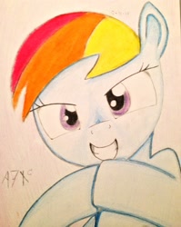 Size: 1624x2044 | Tagged: safe, artist:a7xcaramel, derpibooru import, rainbow dash, pegasus, pony, grin, simple background, solo, traditional art
