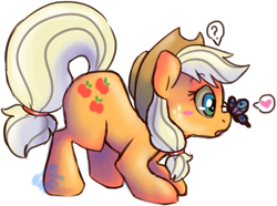 Size: 500x372 | Tagged: safe, artist:questionablepanda, applejack, butterfly, earth pony, pony, crouching, heart, simple background, solo