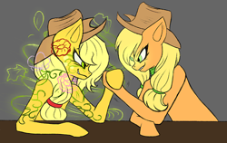 Size: 500x315 | Tagged: artist needed, safe, applejack, earth pony, pony, arm wrestling, ask, chakra applejack, earthbound applejack