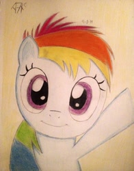 Size: 1606x2046 | Tagged: safe, artist:a7xcaramel, derpibooru import, rainbow dash, pegasus, pony, filly, filly rainbow dash, simple background, solo, traditional art, waving, younger