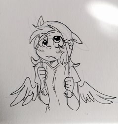 Size: 1223x1280 | Tagged: safe, artist:glacierclear, derpy hooves, anthro, human, cute, hat, humanized, monochrome, sketch, solo, traditional art, wavy mouth