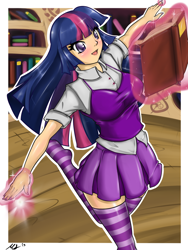 Size: 1024x1365 | Tagged: safe, artist:true-artist-mas, derpibooru import, twilight sparkle, book, clothes, humanized, library, magic, nail polish, skirt, socks, solo, striped socks