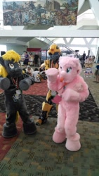 Size: 541x960 | Tagged: safe, derpy hooves, oc, oc:fluffle puff, human, bronycon, bronycon 2015, bumblebee, cosplay, fursuit, hasbro, irl, irl human, photo, transformers