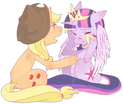 Size: 738x627 | Tagged: safe, artist:stevetwisp, applejack, twilight sparkle, twilight sparkle (alicorn), alicorn, earth pony, pony, comforting, female, mare, sitting