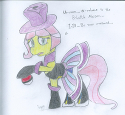 Size: 1395x1285 | Tagged: safe, artist:applefan-wyatt, fluttershy, pegasus, pony, battle mansion, clothes, crossover, evelyn, pokémon, solo, traditional art