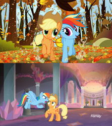 Size: 1280x1440 | Tagged: safe, derpibooru import, edit, edited screencap, screencap, applejack, rainbow dash, earth pony, pegasus, pony, fall weather friends, non-compete clause, comparison, duo, ending, hypocritical humor, non-compete clause drama, running of the leaves