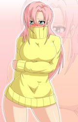 Size: 1000x1550 | Tagged: safe, artist:bocodamondo, fluttershy, human, blushing, breasts, clothes, female, hiding, hootershy, humanized, light skin, solo, sweater, sweatershy