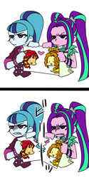 Size: 1000x2000 | Tagged: safe, artist:raika0306, adagio dazzle, aria blaze, sonata dusk, sunset shimmer, equestria girls, rainbow rocks, clothes, female, jealous, lesbian, sharp teeth, shipping, simple background, sunsagio, teeth, the dazzlings, unamused