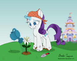 Size: 900x706 | Tagged: safe, artist:sketchinetch, rarity, pony, unicorn, bandana, carousel boutique, female, flower, gardening, glowing horn, horn, magic, mare, signature, smiling, solo, telekinesis, watering, watering can