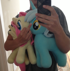 Size: 449x454 | Tagged: artist needed, safe, fluttershy, lyra heartstrings, human, irl, irl human, middle finger, photo, plushie, selfie, vulgar