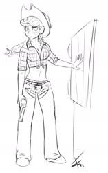 Size: 1185x1882 | Tagged: safe, artist:crade, applejack, human, belly button, clothes, door, front knot midriff, grayscale, gun, humanized, lineart, midriff, monochrome, pants, solo, weapon, western